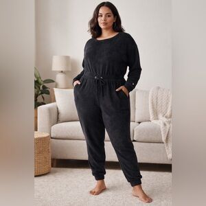 Fabletics Black Lounge Jumpsuit Romper 2X Drawstring Waist Soft Plush Cozy